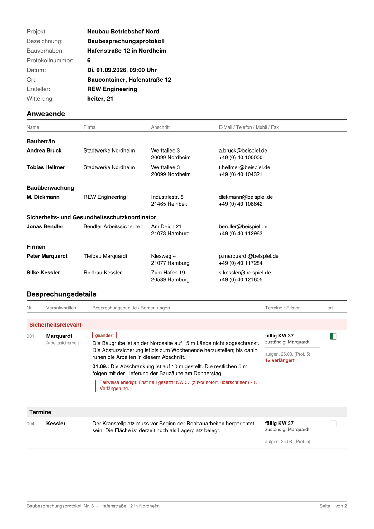 Das Protokoll als PDF mit Kopfteil, Anwesenden nach Rollengruppen und den Besprechungspunkten mit Fristenspalte.